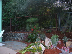 Xeriscape with rock wall and stone patio.