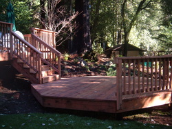 Rear wooden deck on residential home.