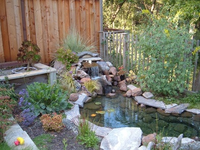 Planter next to pond and waterfall on home.