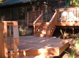 Wooden deck and stairs.